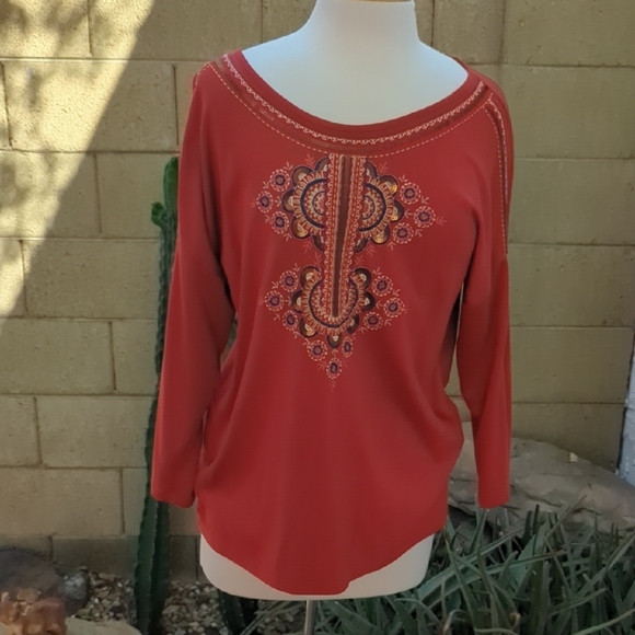 Chico's Tops - Chico's Rust Red Embroidered Long-Sleeve Tee